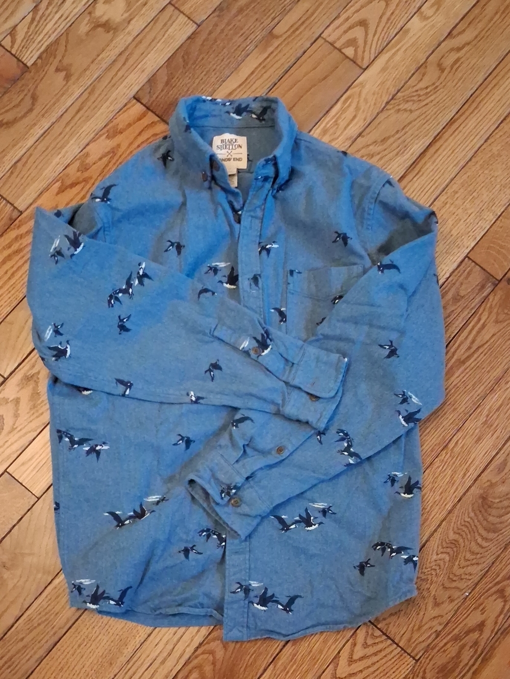 Lands' End Blue Duck-Pattern Casual Flannel Button-Down Shirt Sz M